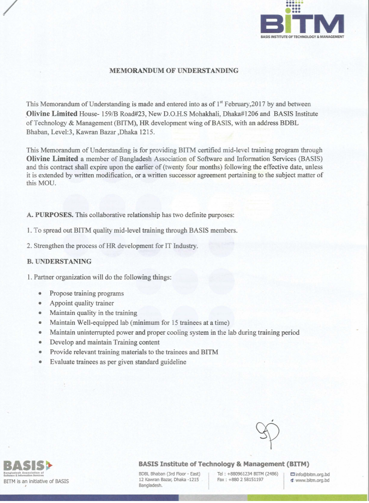 MoU between Olivine and BITM